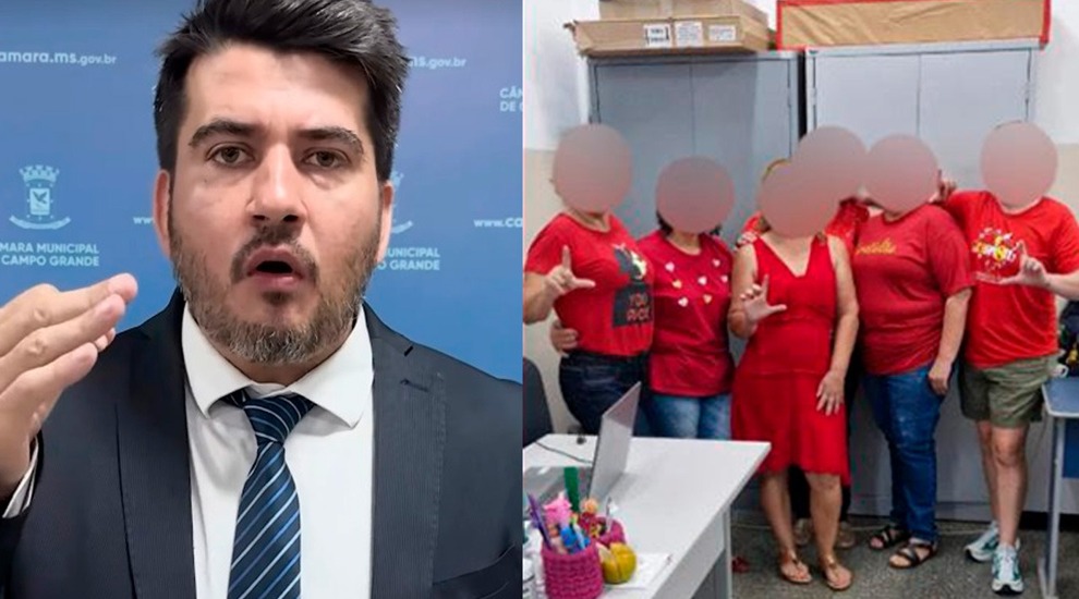 Rafael Tavares e servidoras em escola de Campo Grande